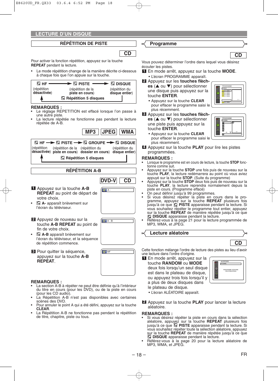 Cd dvd-v, Wma jpeg mp3, Lecture d’un disque | Lecture aléatoire, Programme | Denon DVM-715 User Manual | Page 46 / 86
