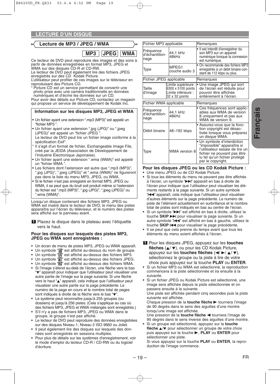 Fran ç ais, Wma jpeg mp3 | Denon DVM-715 User Manual | Page 47 / 86