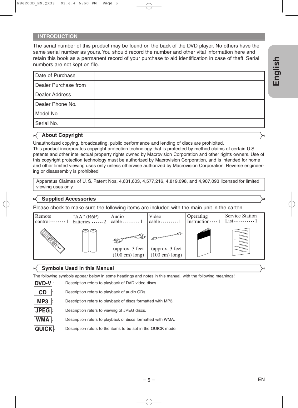 Introduction, English | Denon DVM-715 User Manual | Page 5 / 86