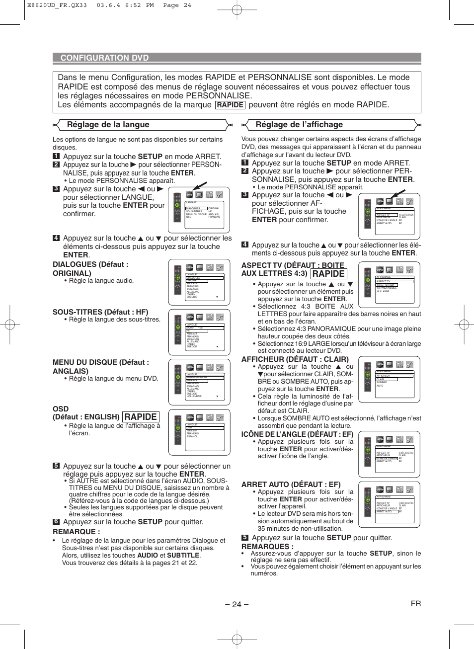 Rapide, Configuration dvd, Réglage de la langue réglage de l’affichage | Denon DVM-715 User Manual | Page 52 / 86