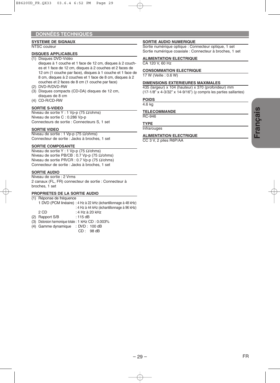 Fran ç ais | Denon DVM-715 User Manual | Page 57 / 86