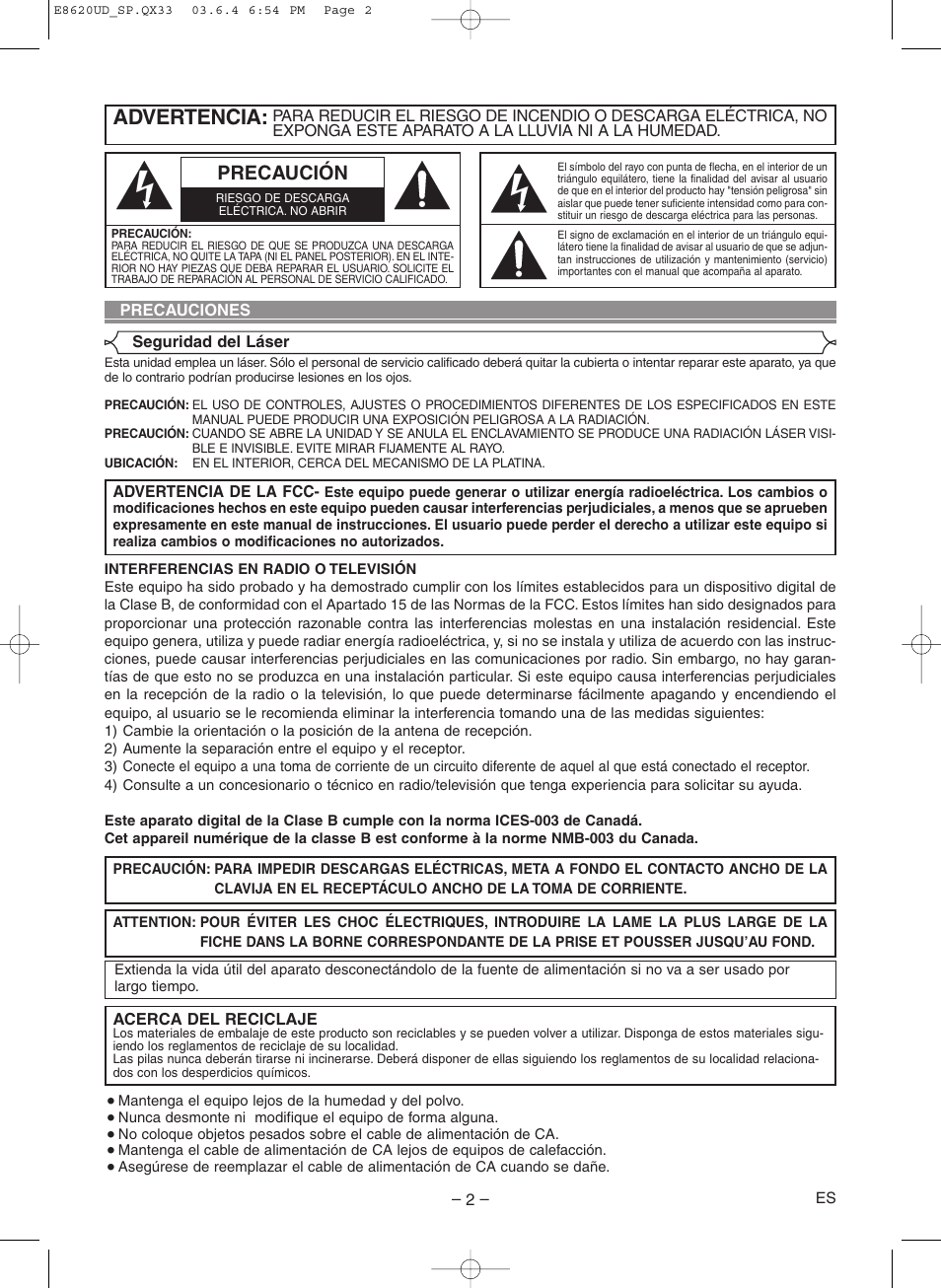 Español, Advertencia, Precaución | Denon DVM-715 User Manual | Page 58 / 86