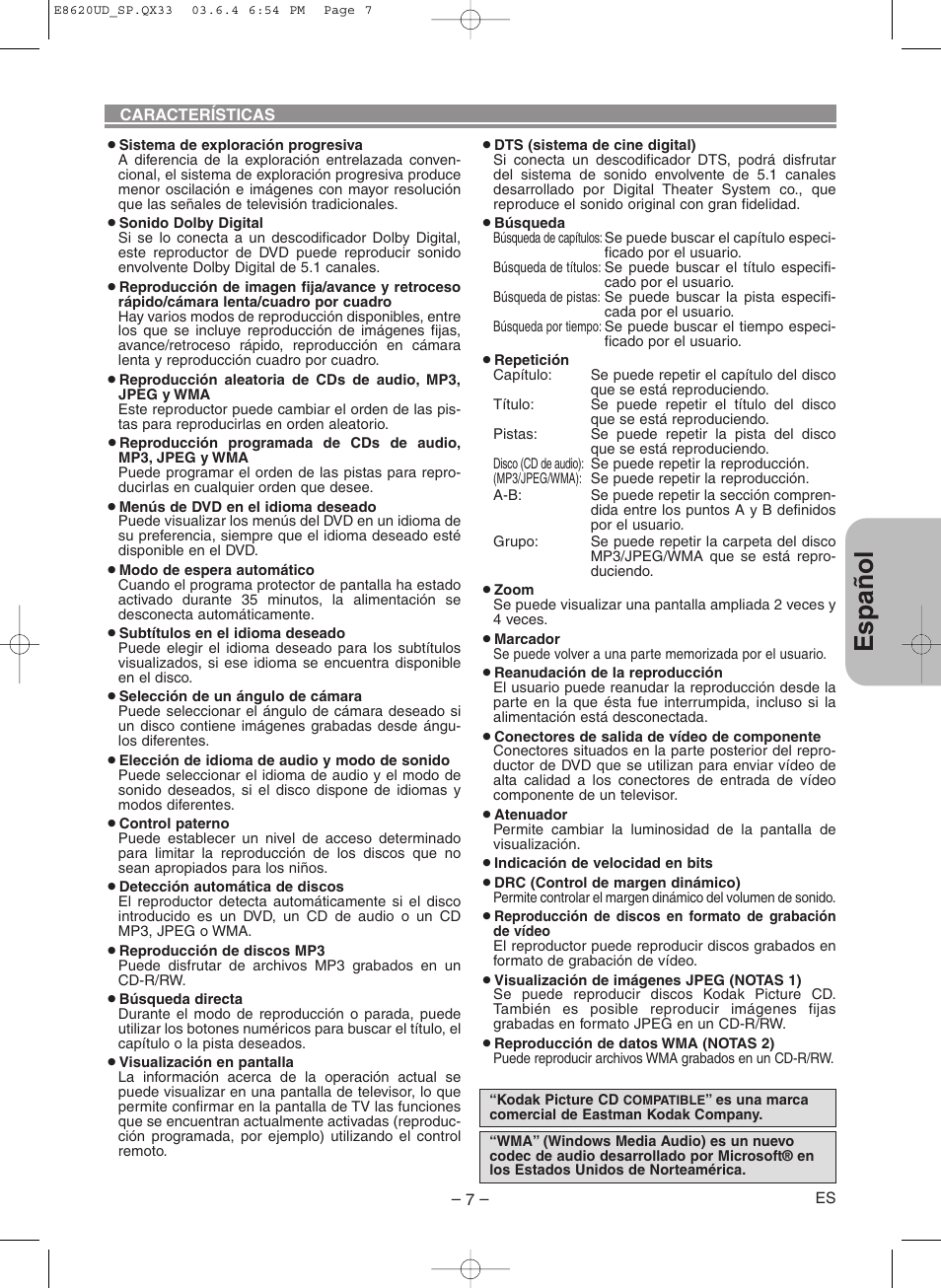 Espa ñ ol | Denon DVM-715 User Manual | Page 63 / 86