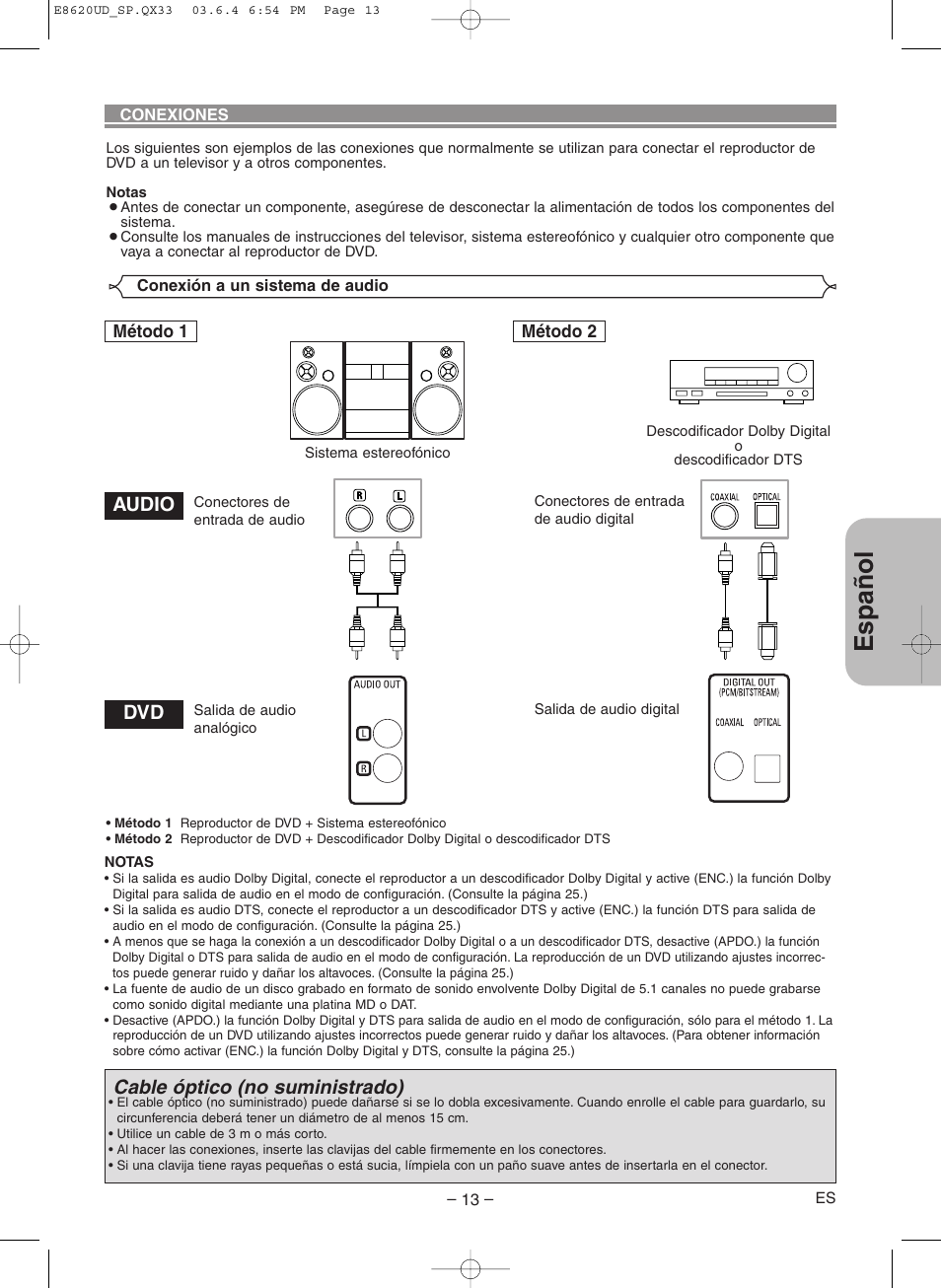 Espa ñ ol, Cable óptico (no suministrado), Audio dvd | Denon DVM-715 User Manual | Page 69 / 86
