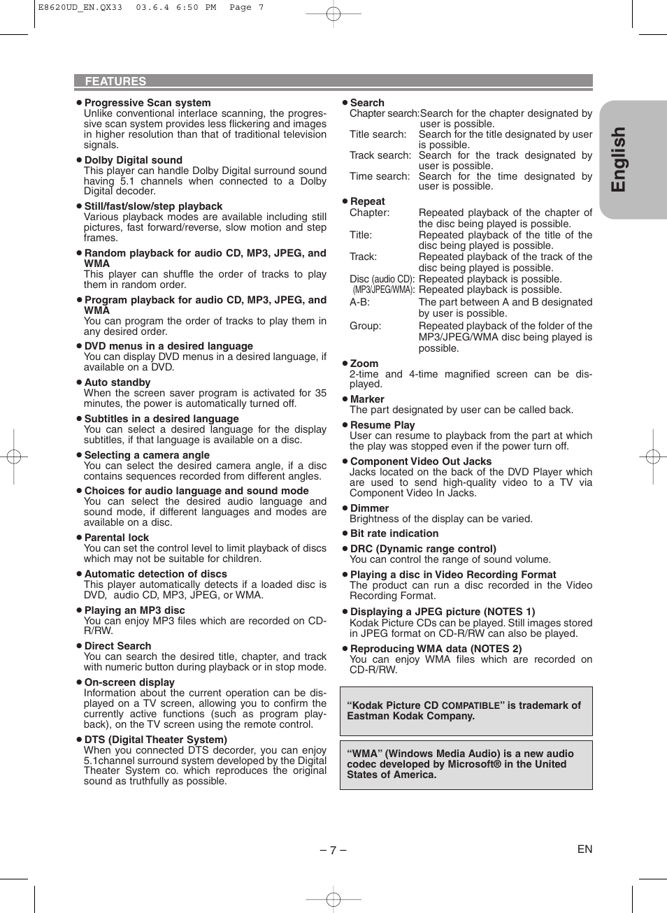 Features, English | Denon DVM-715 User Manual | Page 7 / 86