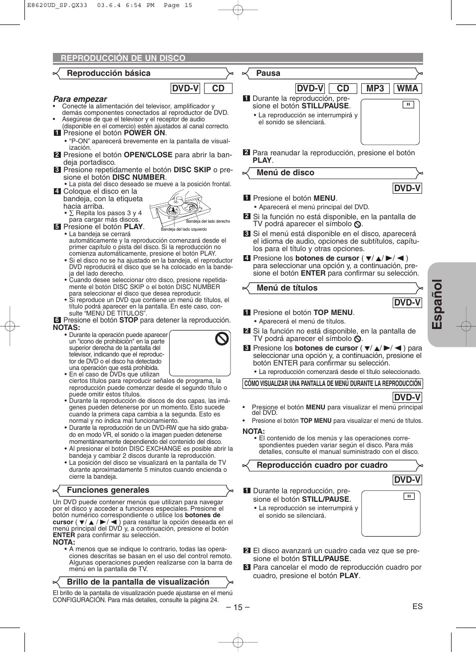 Espa ñ ol, Dvd-v, Wma mp3 cd dvd-v | Cd dvd-v | Denon DVM-715 User Manual | Page 71 / 86