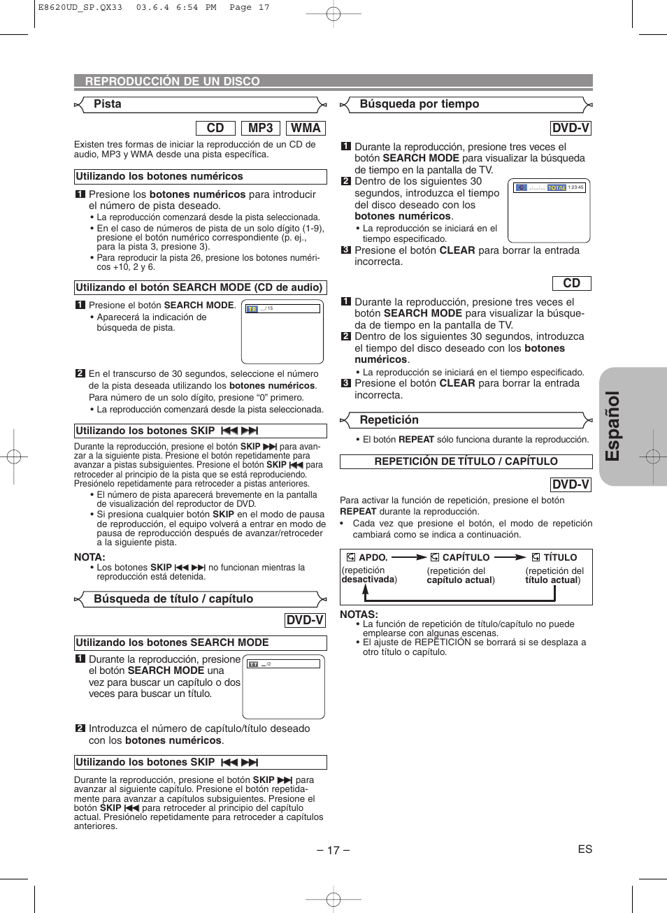 Espa ñ ol, Wma mp3 cd, Dvd-v | Denon DVM-715 User Manual | Page 73 / 86