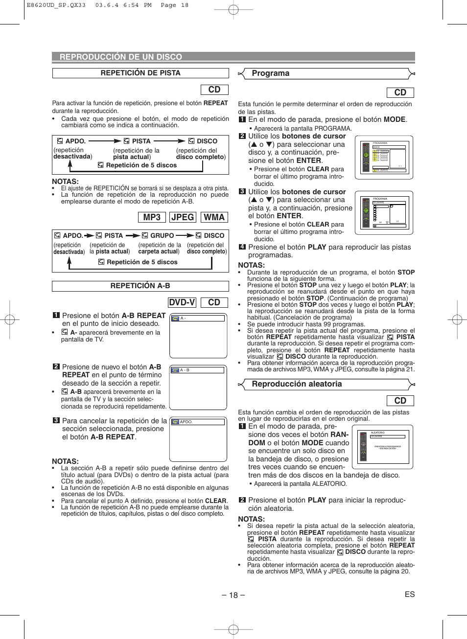 Cd dvd-v, Wma jpeg mp3, Reproducción de un disco | Reproducción aleatoria, Programa | Denon DVM-715 User Manual | Page 74 / 86