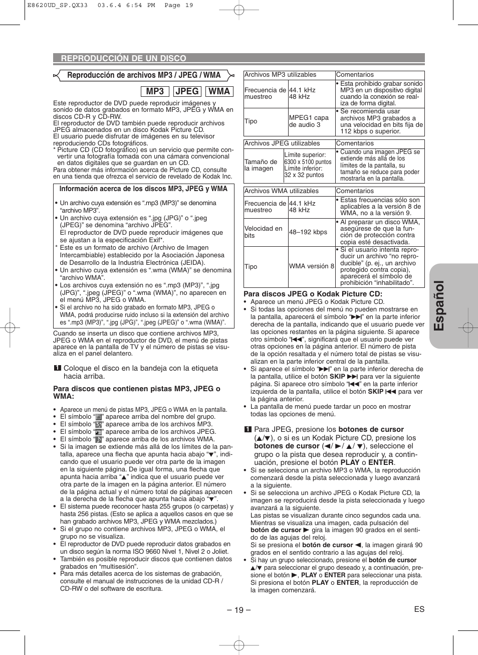 Espa ñ ol, Wma jpeg mp3 | Denon DVM-715 User Manual | Page 75 / 86