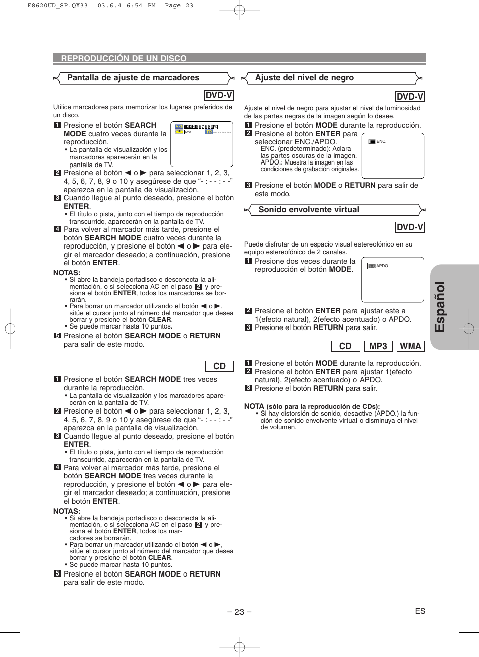 Espa ñ ol, Dvd-v, Wma mp3 cd | Denon DVM-715 User Manual | Page 79 / 86