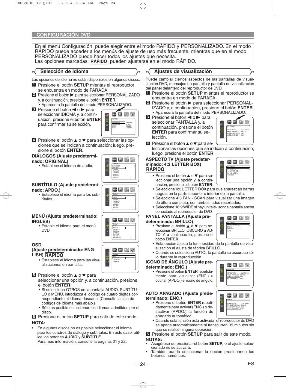Configuración dvd, Rápido, Selección de idioma ajustes de visualización | Denon DVM-715 User Manual | Page 80 / 86