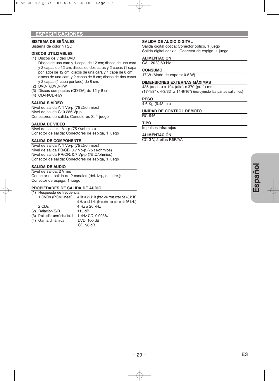 Espa ñ ol | Denon DVM-715 User Manual | Page 85 / 86