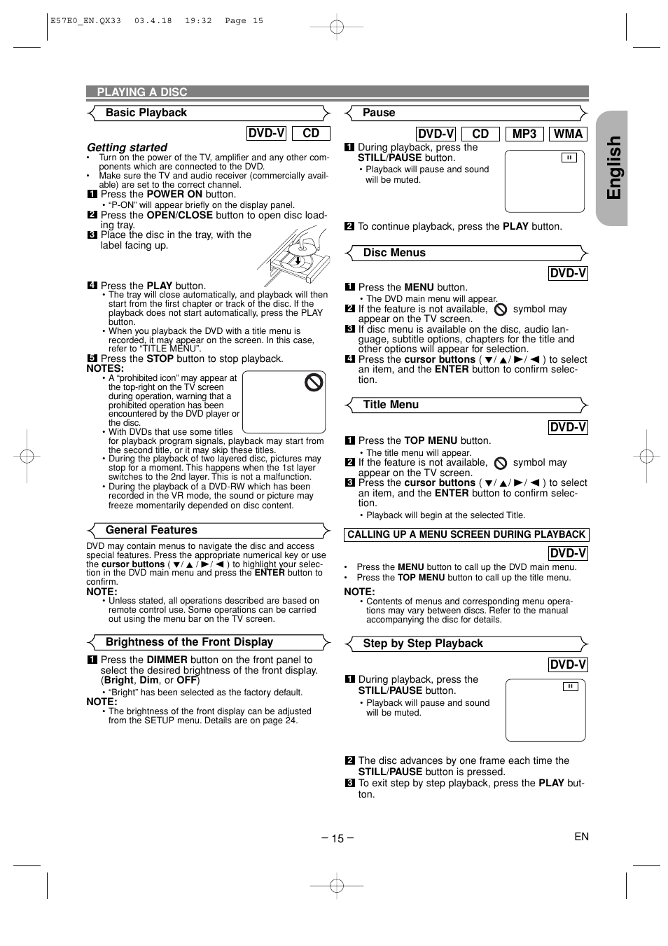 Playing a disc, English, Dvd-v | Wma mp3 cd dvd-v, Cd dvd-v | Denon DVD-910 User Manual | Page 15 / 86