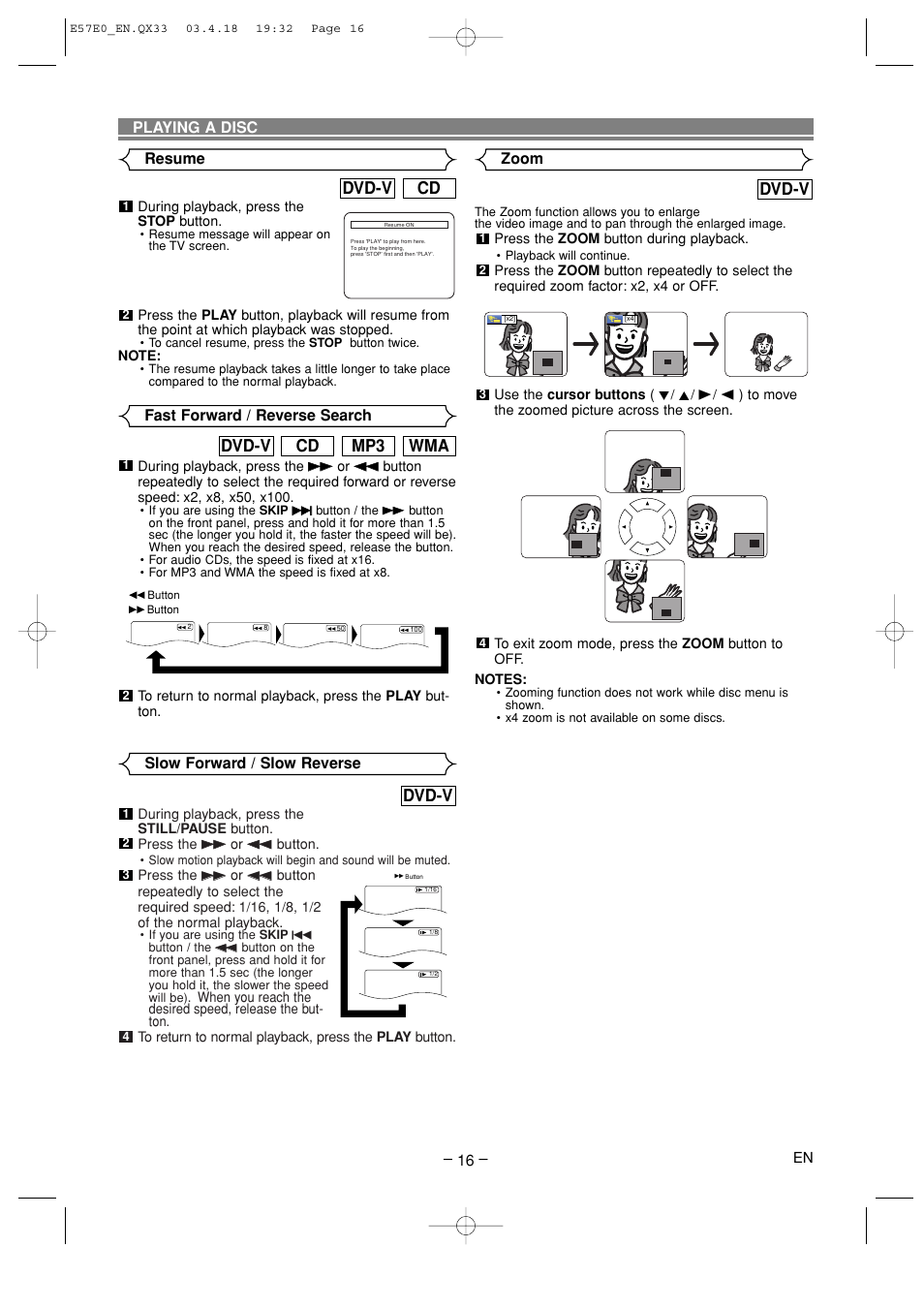 Dvd-v, Wma mp3 cd dvd-v, Cd dvd-v | Slow forward / slow reverse, Zoom – 16, Playing a disc, Fast forward / reverse search, Resume | Denon DVD-910 User Manual | Page 16 / 86