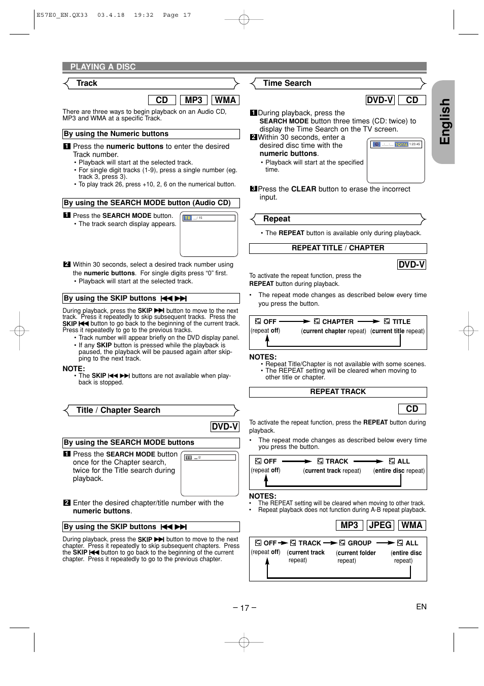 English, Wma mp3 cd, Dvd-v | Cd dvd-v, Wma jpeg mp3 | Denon DVD-910 User Manual | Page 17 / 86