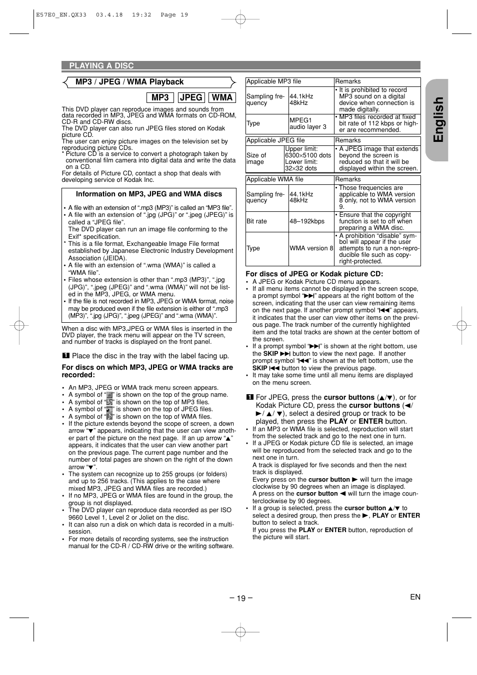 English, Wma jpeg mp3 | Denon DVD-910 User Manual | Page 19 / 86