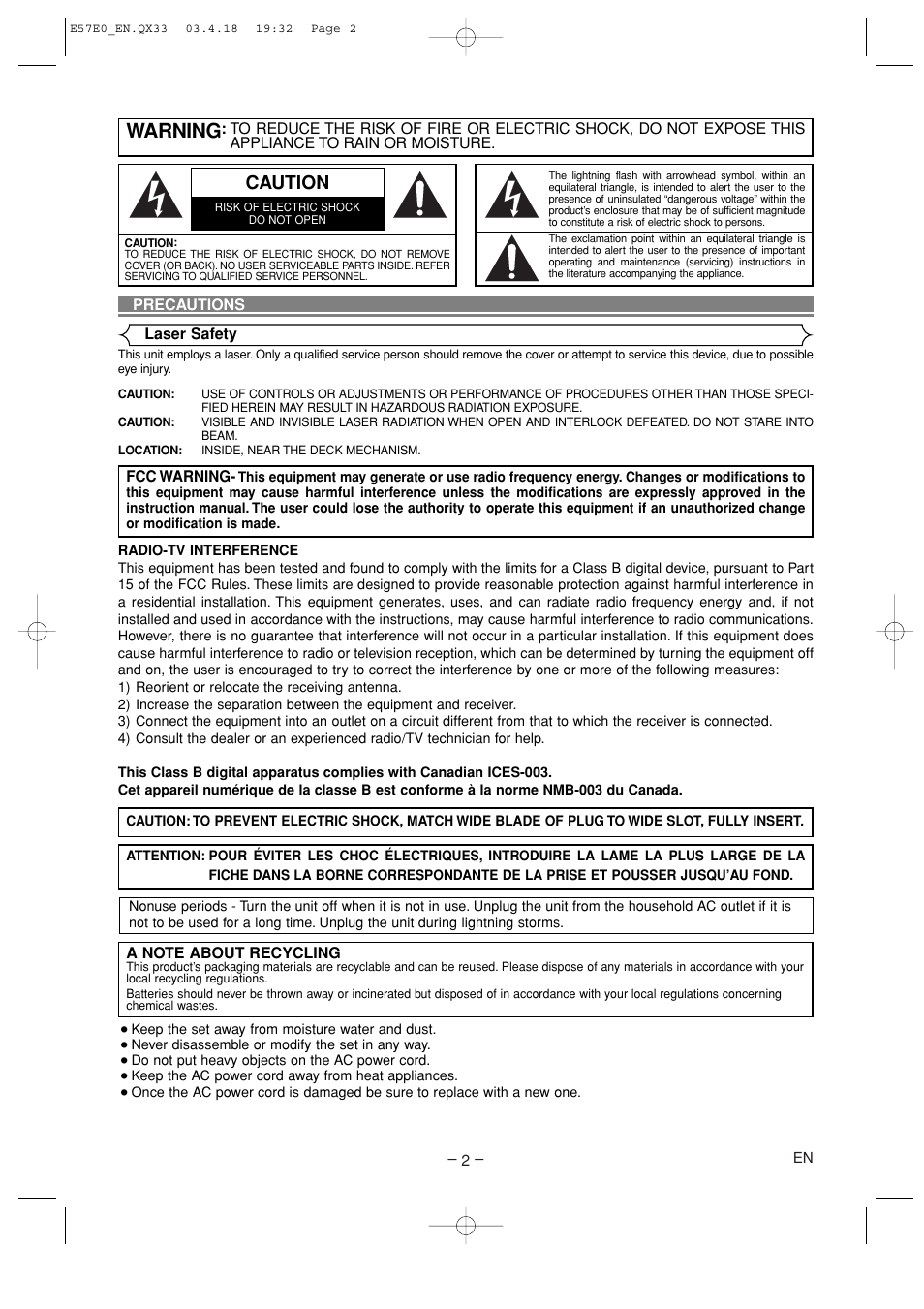 English, Precautions, Warning | Caution | Denon DVD-910 User Manual | Page 2 / 86