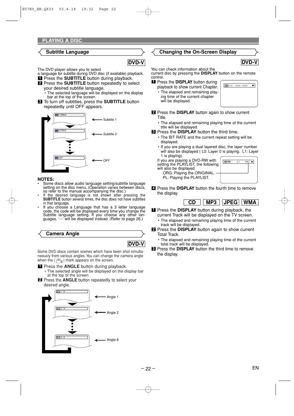 Dvd-v, Wma jpeg mp3 cd, Camera angle | Subtitle language, Changing the on-screen display, Playing a disc | Denon DVD-910 User Manual | Page 22 / 86