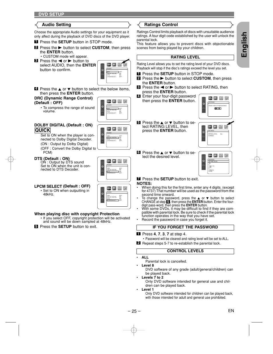 English, Quick, Dvd setup audio setting | Ratings control, Control levels, Dolby digital (default : on), Dts (default : on), Lpcm select (default : off), When playing disc with copyright protection, Press the setup button to exit | Denon DVD-910 User Manual | Page 25 / 86