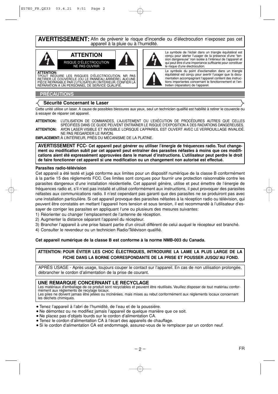 Francais, Avertissement, Attention | Denon DVD-910 User Manual | Page 30 / 86