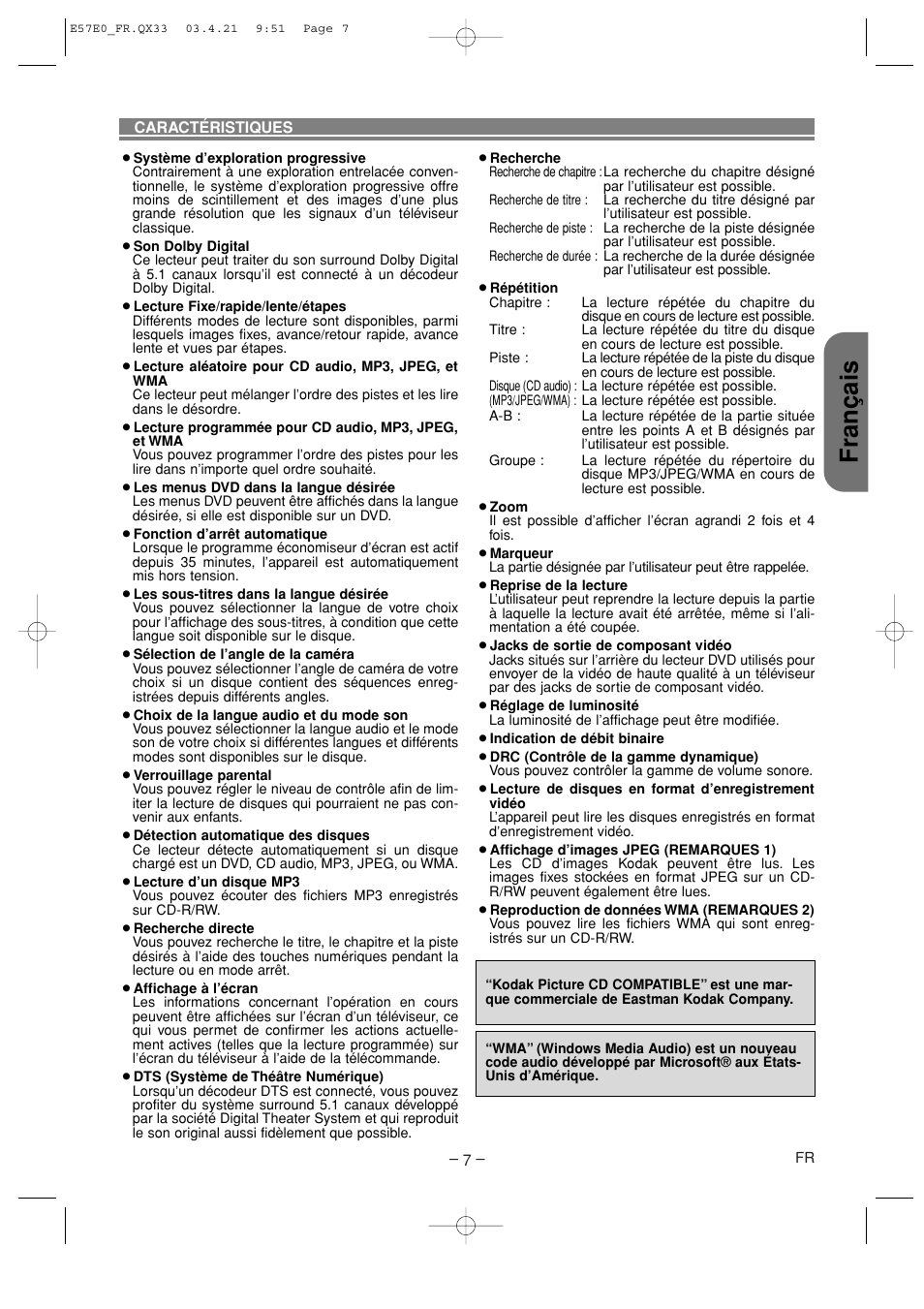 Fran ç ais | Denon DVD-910 User Manual | Page 35 / 86