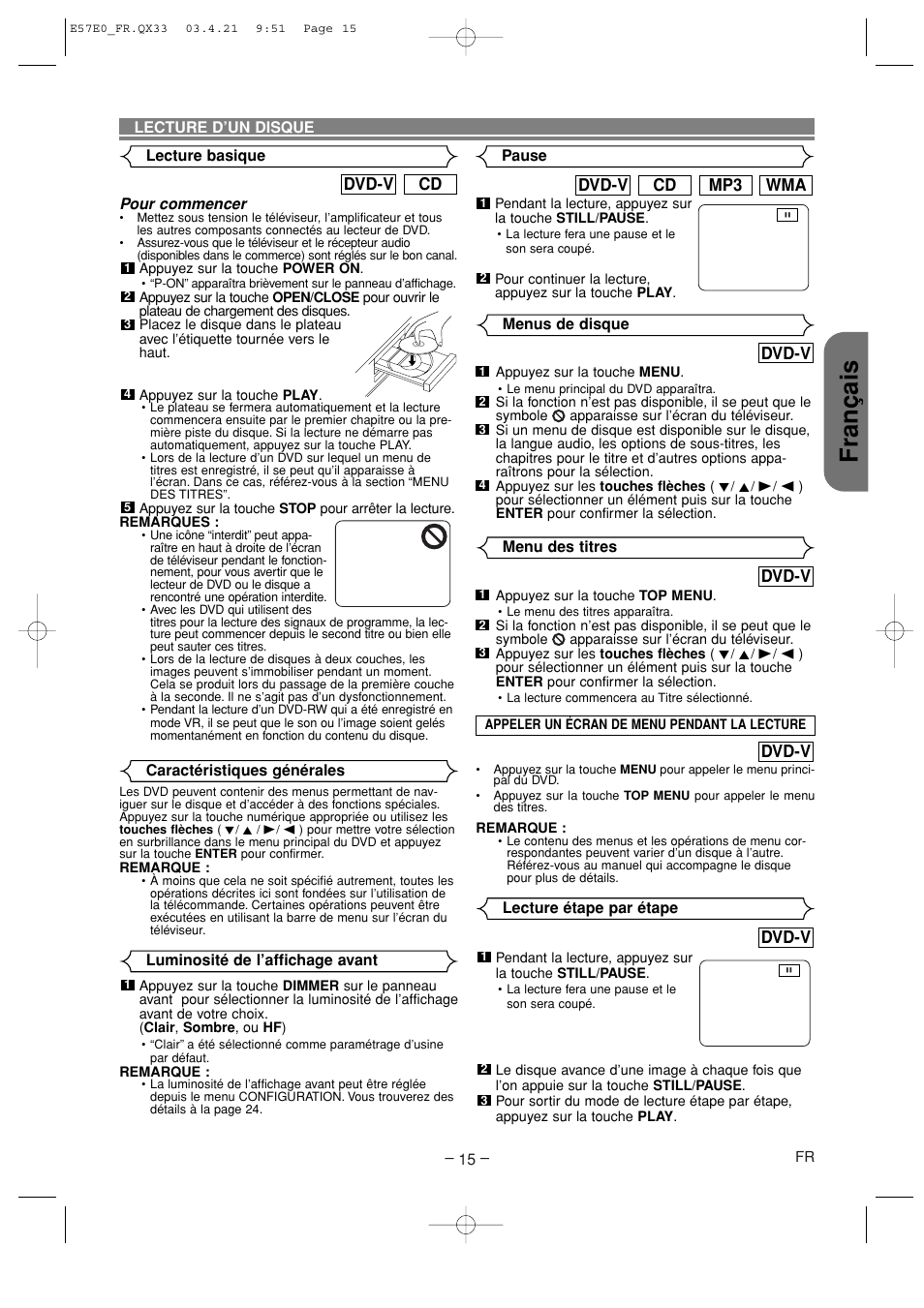 Fran ç ais | Denon DVD-910 User Manual | Page 43 / 86