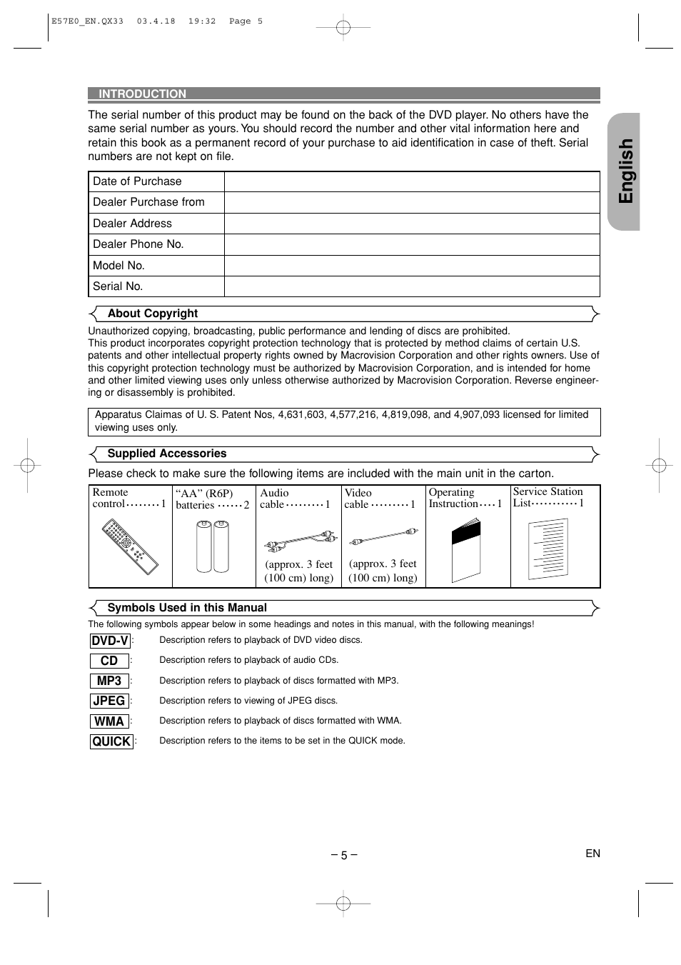 Introduction, English | Denon DVD-910 User Manual | Page 5 / 86