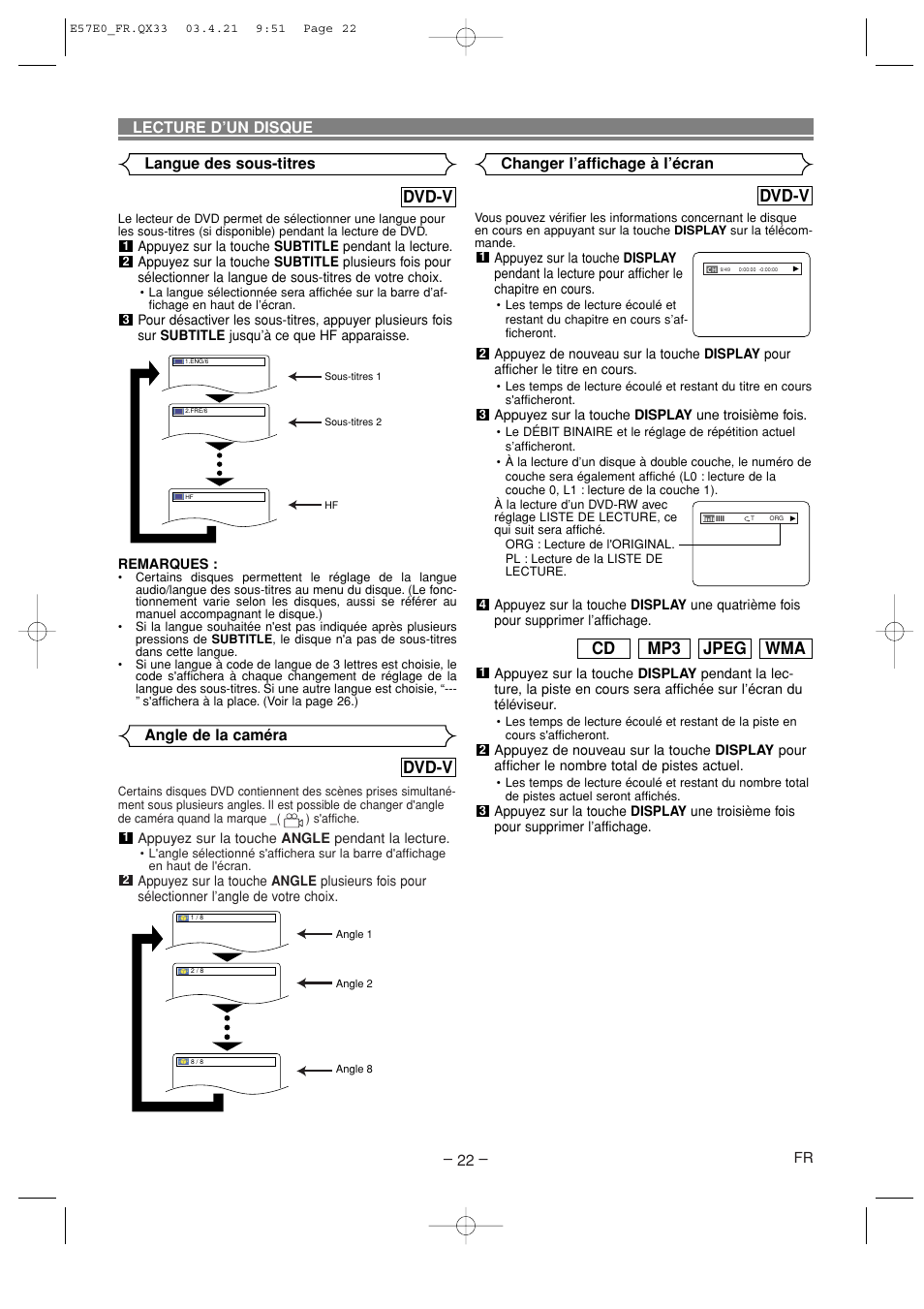 Dvd-v, Wma jpeg mp3 cd, Angle de la caméra | Langue des sous-titres, Changer l’affichage à l’écran, Lecture d’un disque | Denon DVD-910 User Manual | Page 50 / 86