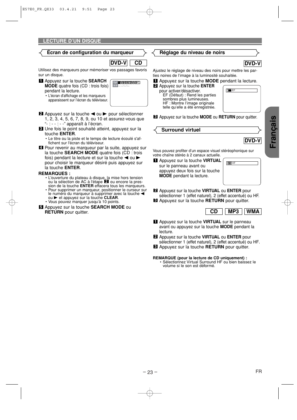 Fran ç ais, Cd dvd-v, Dvd-v | Wma mp3 cd | Denon DVD-910 User Manual | Page 51 / 86