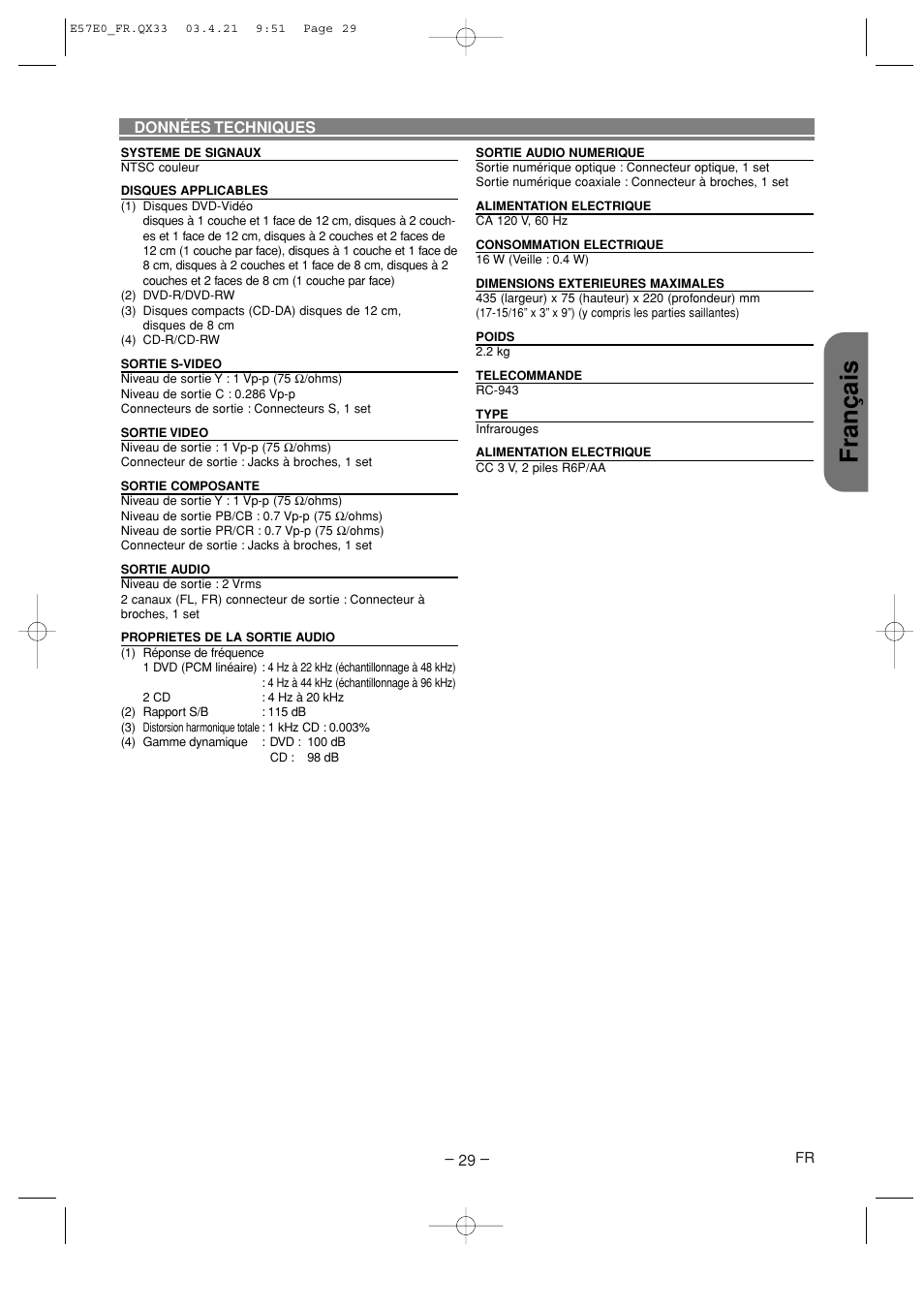 Fran ç ais | Denon DVD-910 User Manual | Page 57 / 86