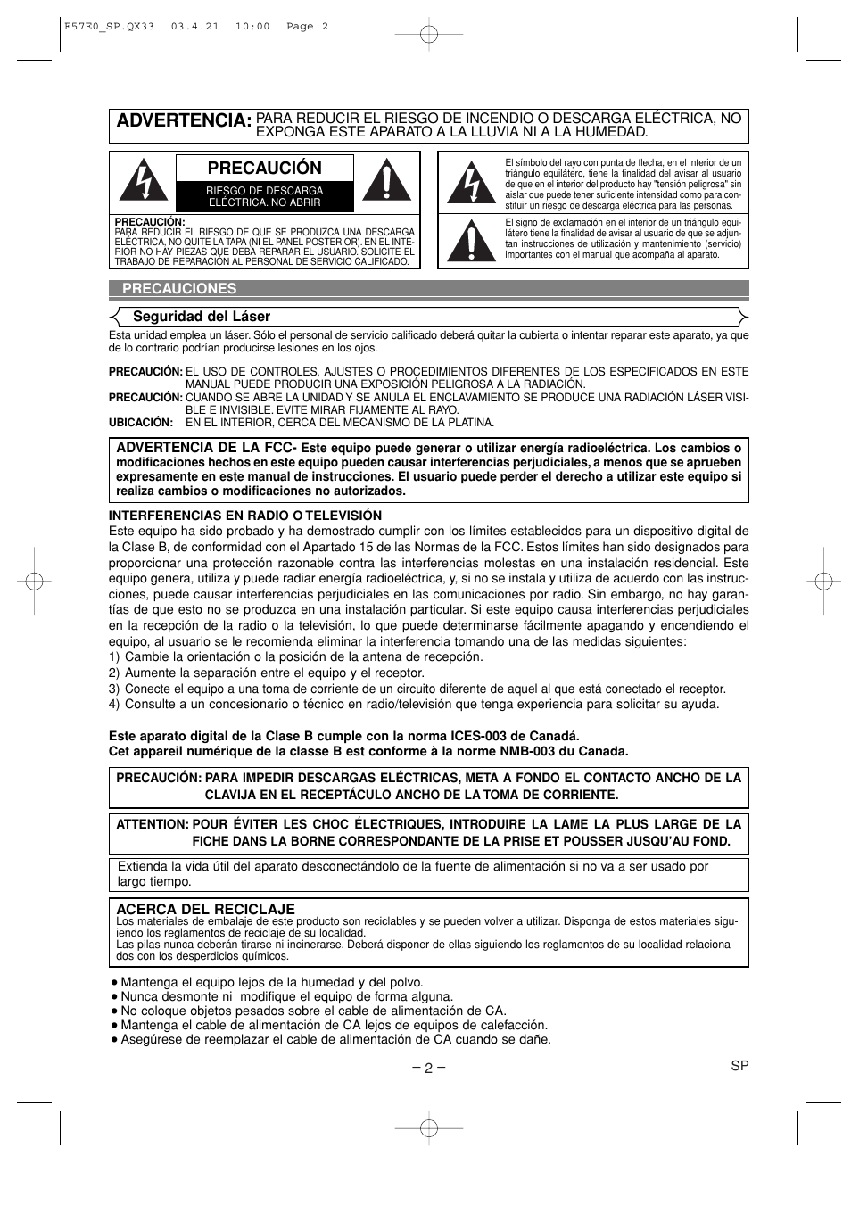 Espanol, Advertencia, Precaución | Denon DVD-910 User Manual | Page 58 / 86