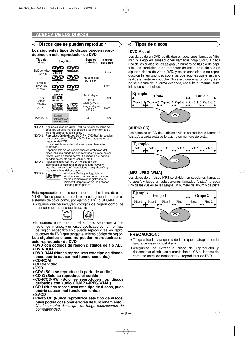 Precaución, Ejemplo | Denon DVD-910 User Manual | Page 62 / 86