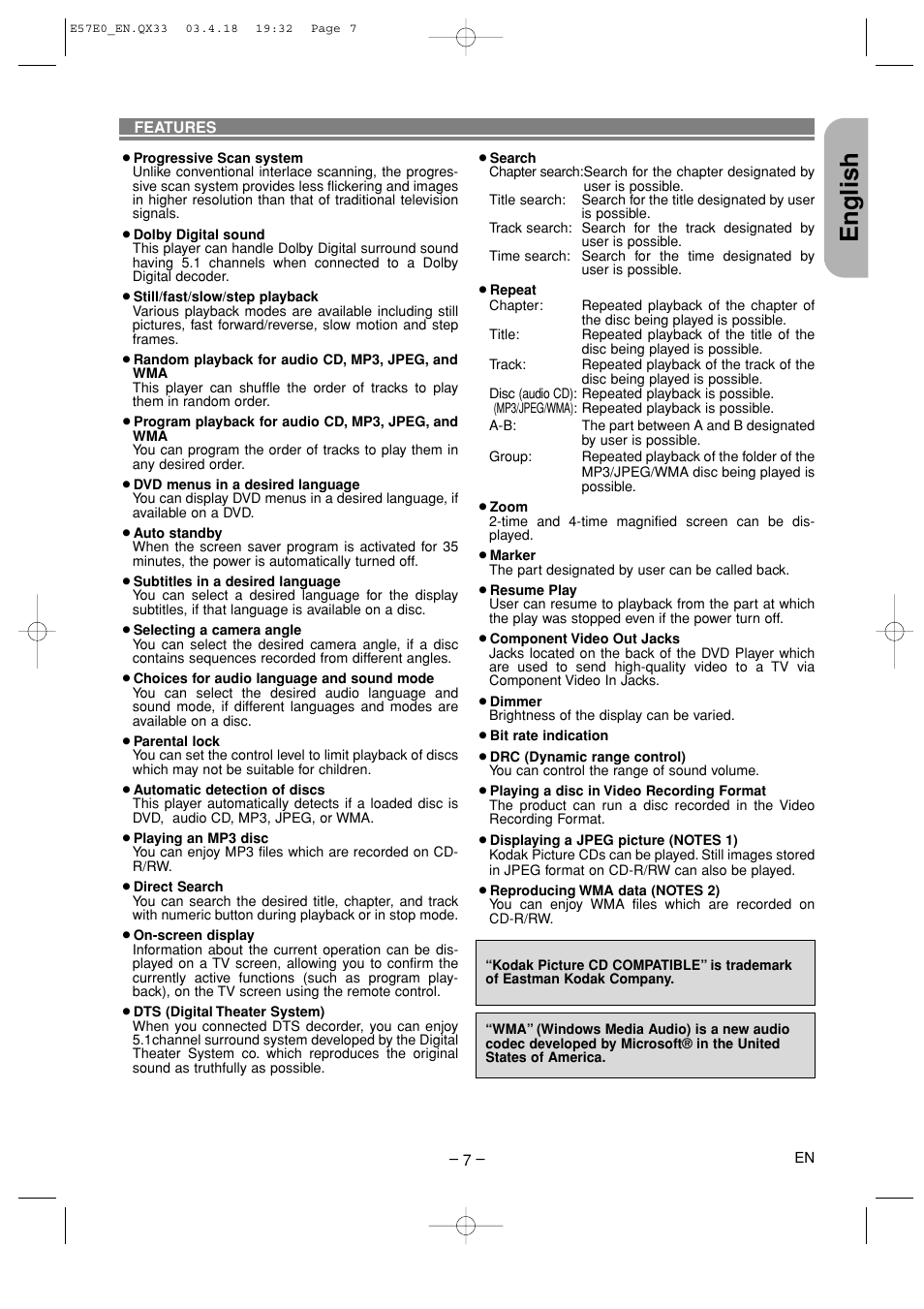 Features, English | Denon DVD-910 User Manual | Page 7 / 86