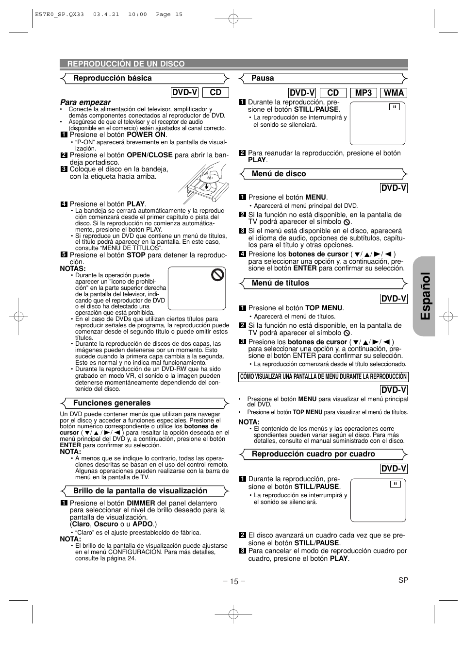 Espa ñ ol | Denon DVD-910 User Manual | Page 71 / 86