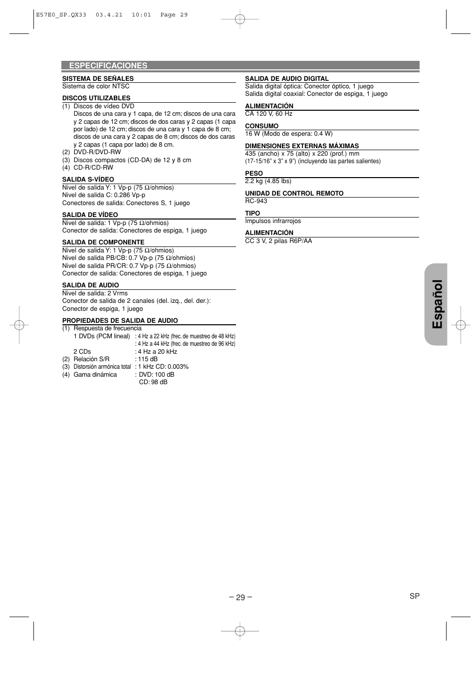 Espa ñ ol | Denon DVD-910 User Manual | Page 85 / 86