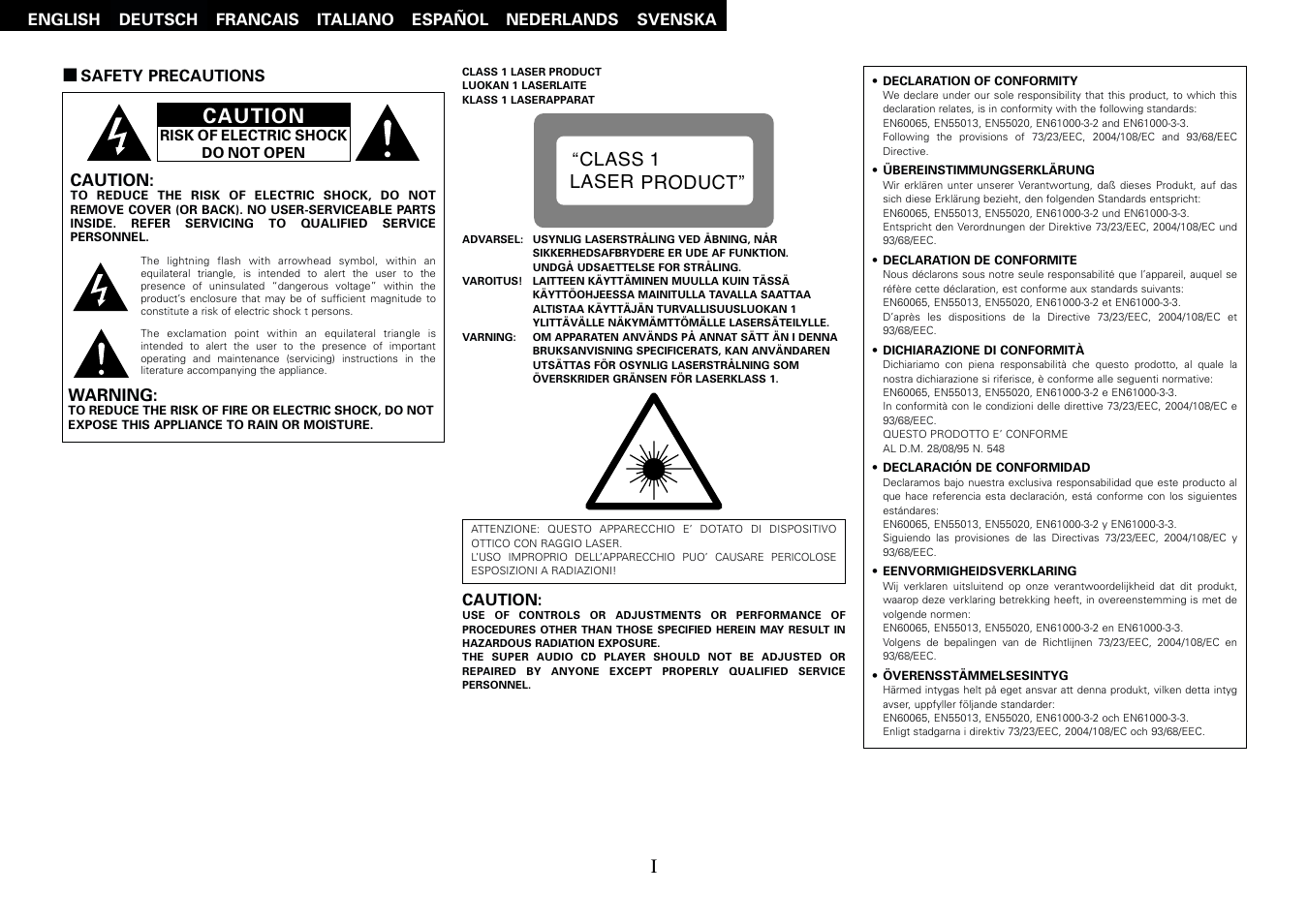 Caution, Class 1 laser product | Denon DCM-500AE User Manual | Page 2 / 17