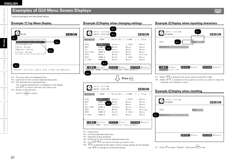 Examples of gui menu screen displays, English, Gexample 1 h top menu display | Gexample 2 h display when changing settings, Press, Gexample 3 h display when inputting characters, Gexample 4 h display when resetting | Denon AVR-890 User Manual | Page 24 / 76