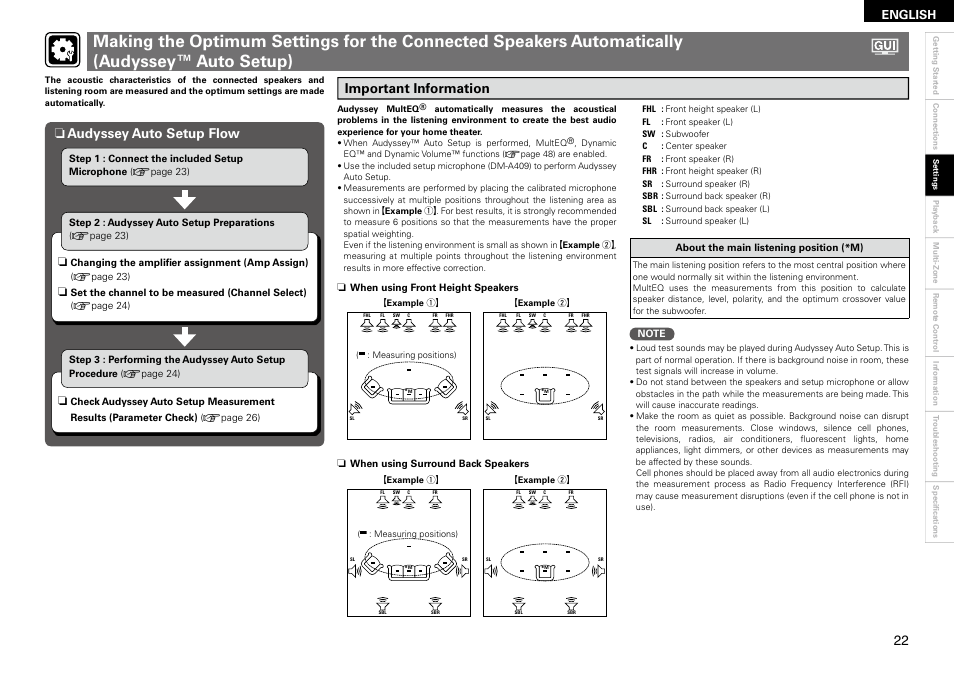 Important information, Audyssey auto setup flow n, English | Denon AVR-890 User Manual | Page 25 / 76