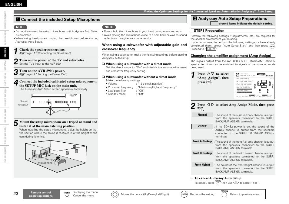 Aconnect the included setup microphone, Saudyssey auto setup preparations | Denon AVR-890 User Manual | Page 26 / 76