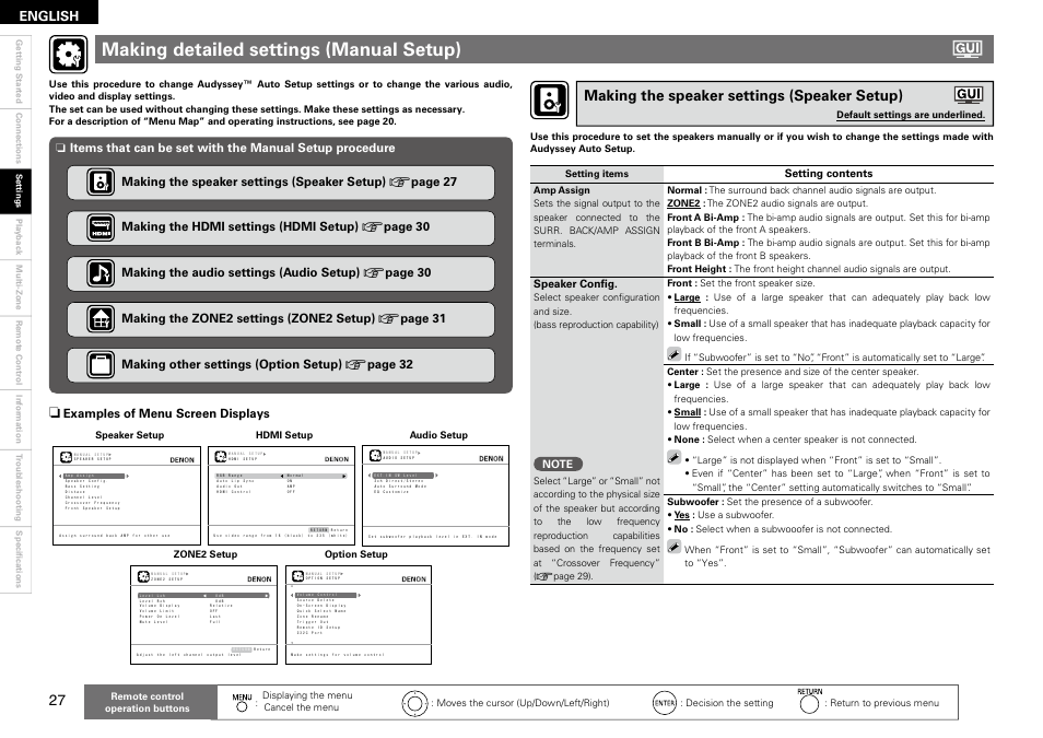 Making detailed settings (manual setup), Making the speaker settings (speaker setup), English | Examples of menu screen displays, Setting contents, Speaker confi g, Setting items, Speaker setup hdmi setup audio setup, Zone2 setup option setup | Denon AVR-890 User Manual | Page 30 / 76
