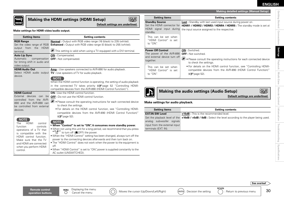 Making the hdmi settings (hdmi setup), Making the audio settings (audio setup) | Denon AVR-890 User Manual | Page 33 / 76