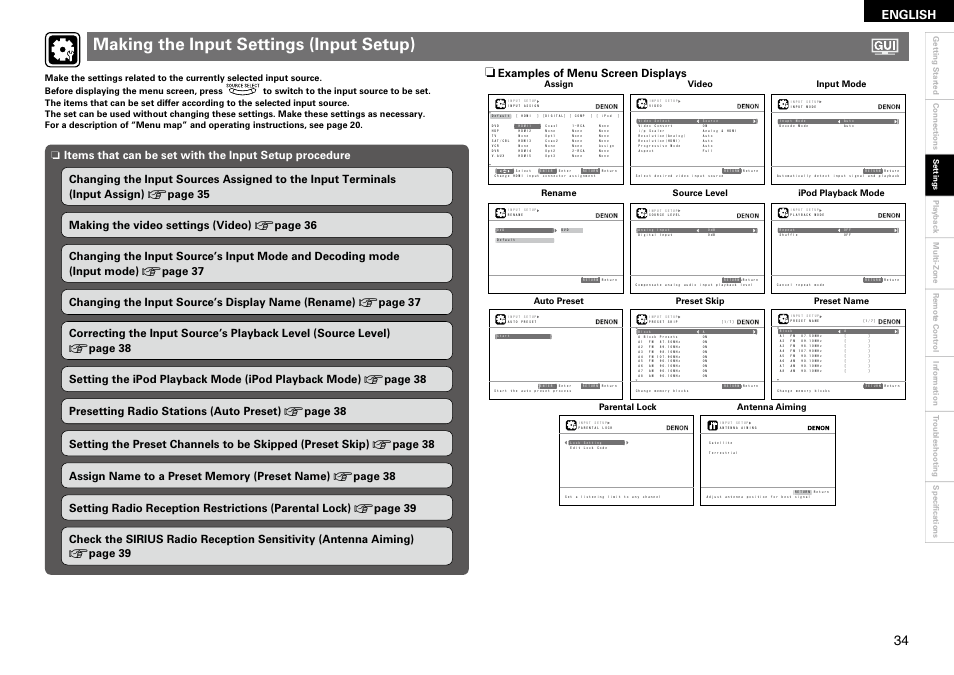 Making the input settings (input setup), English, Examples of menu screen displays | Assign video input mode, Rename source level ipod playback mode, Auto preset preset skip preset name, Parental lock antenna aiming | Denon AVR-890 User Manual | Page 37 / 76