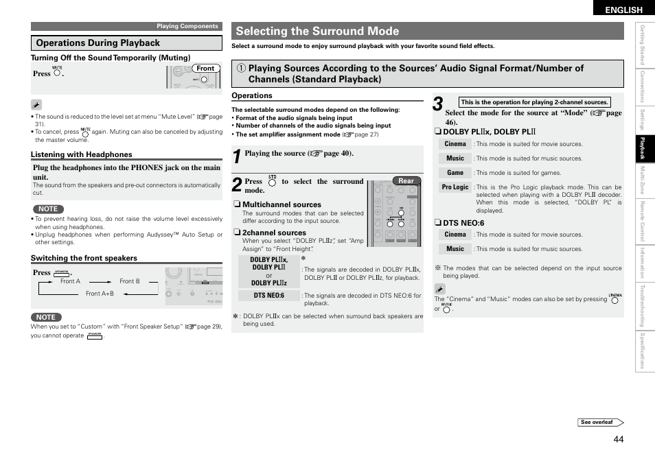 Selecting the surround mode | Denon AVR-890 User Manual | Page 47 / 76