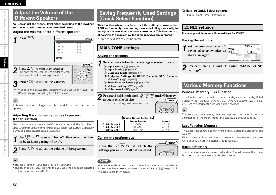 Adjust the volume of the different speakers, Main zone settings zone2 settings, English | Press, Use or, Saving the settings, Perform steps 1 and 2 under “main zone settings | Denon AVR-890 User Manual | Page 56 / 76