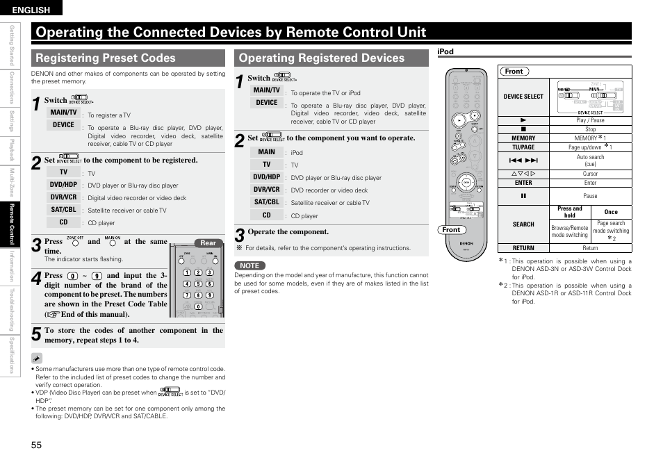 Registering preset codes, Operating registered devices | Denon AVR-890 User Manual | Page 58 / 76