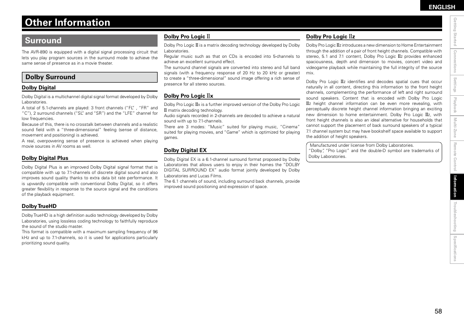 Other information, Surround, Dolby surround | Denon AVR-890 User Manual | Page 61 / 76