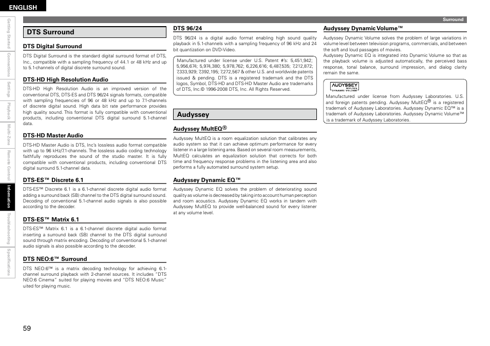 Dts surround, Audyssey | Denon AVR-890 User Manual | Page 62 / 76