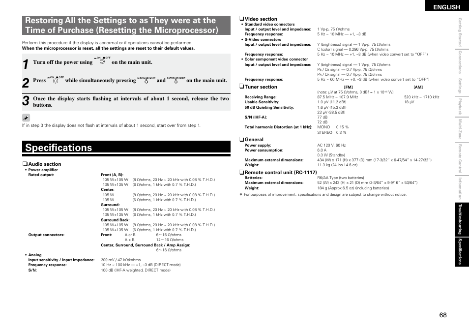 Specifications, English | Denon AVR-890 User Manual | Page 71 / 76
