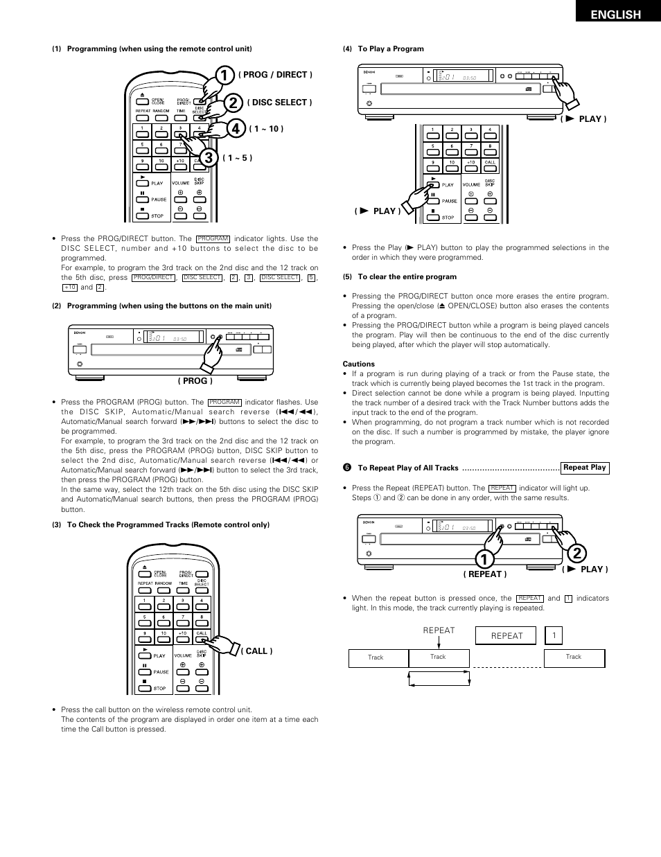 English, Open/close disc skip, Stop pause play prog phones repeat | Disc min sec | Denon DCM-370 User Manual | Page 11 / 38