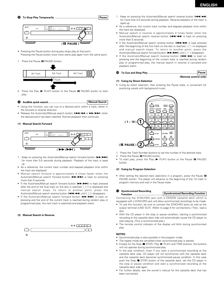 English, Open/close disc skip, Stop pause play prog phones repeat | Disc min sec | Denon DCM-370 User Manual | Page 13 / 38